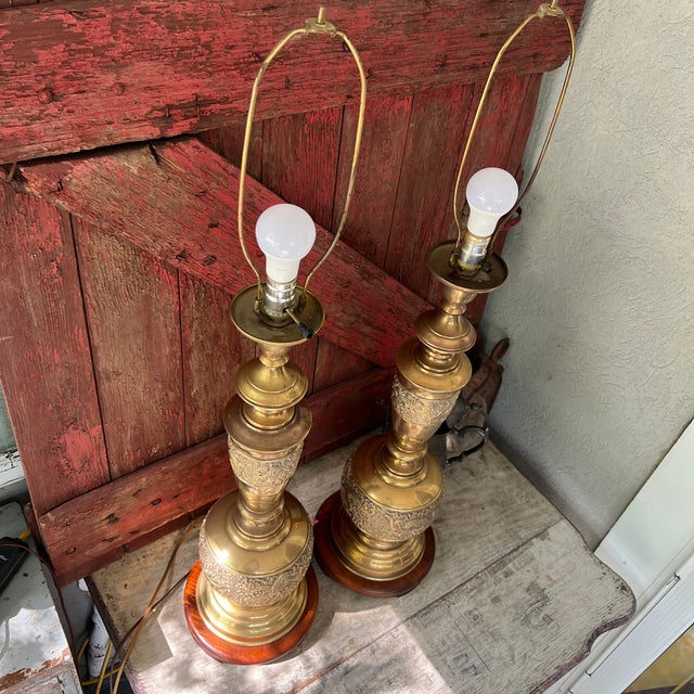 Vintage James Mont Style Brass Table Lamps With Wood Bases - Pair For Sale - Image 10 of 18
