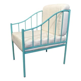 Wrought Iron Turquoise Lounge Chair with White Fabric For Sale