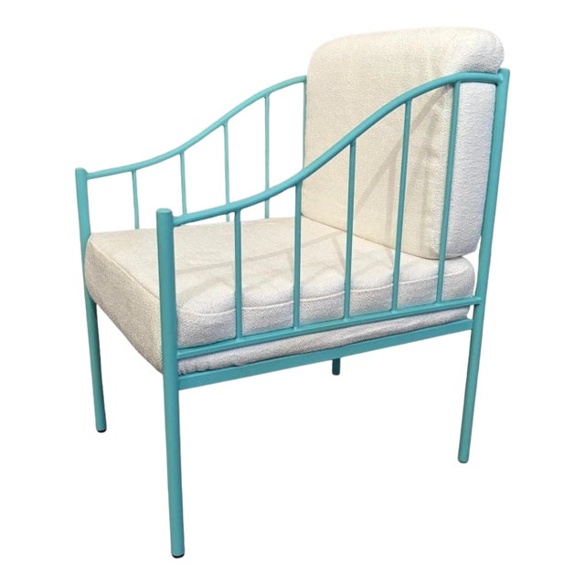 Wrought Iron Turquoise Lounge Chair with White Fabric For Sale