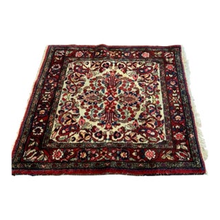1920s Red, Ivory & Navy Blue Square Persian Hamedan Small Area Rug For Sale