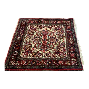 1920s Red, Ivory & Navy Blue Square Persian Hamedan Small Area Rug