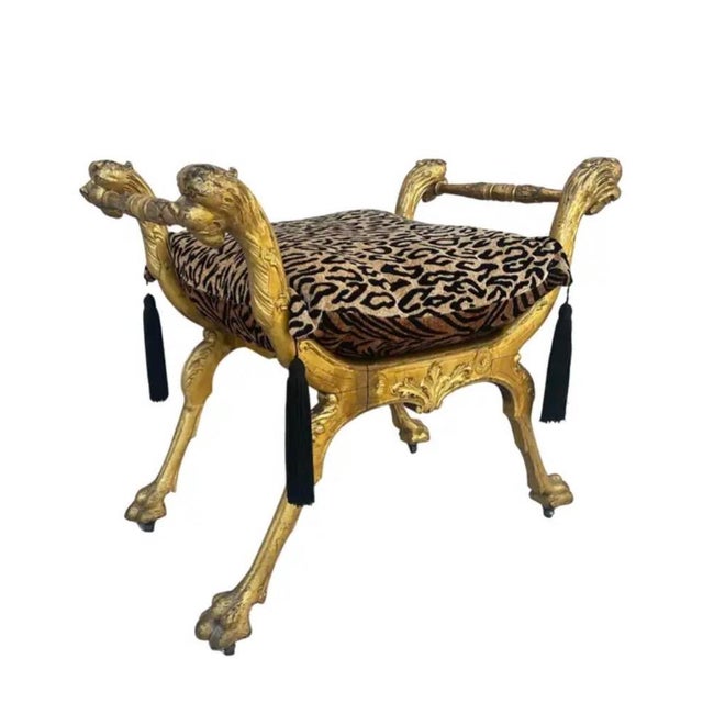 19th Century Italian Giltwood Curule Stool With Leopard Print Cushion For Sale - Image 5 of 9