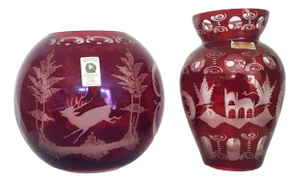 Rubin Red Bohemian Vases with Forest Motif, Set of 2