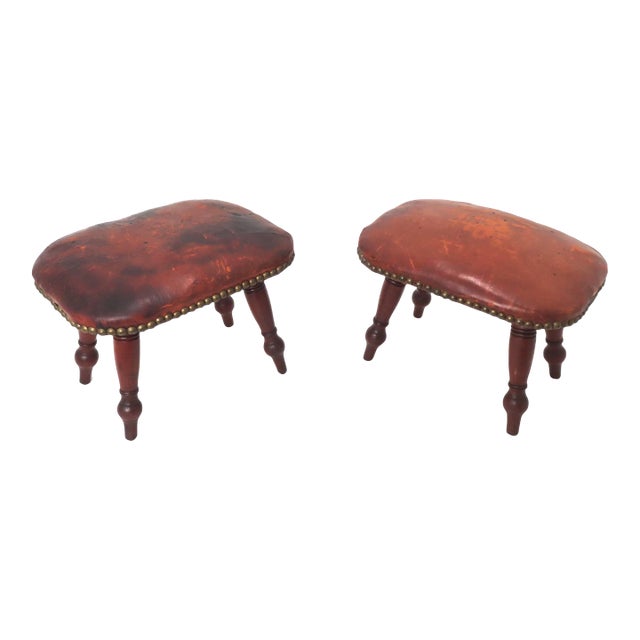 Antique Georgian Leather Upholstered Cushion Top Mahogany Fireside Footstools a Pair For Sale