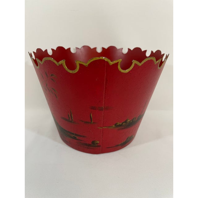 Metal 1950s-70s Chinoiserie Red Toleware Cachepot or Jardiniere For Sale - Image 7 of 15