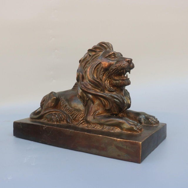 Pair of Antique Brass Recumbent Lions – 11" Library Lions on Rectangular Plinths For Sale - Image 10 of 10