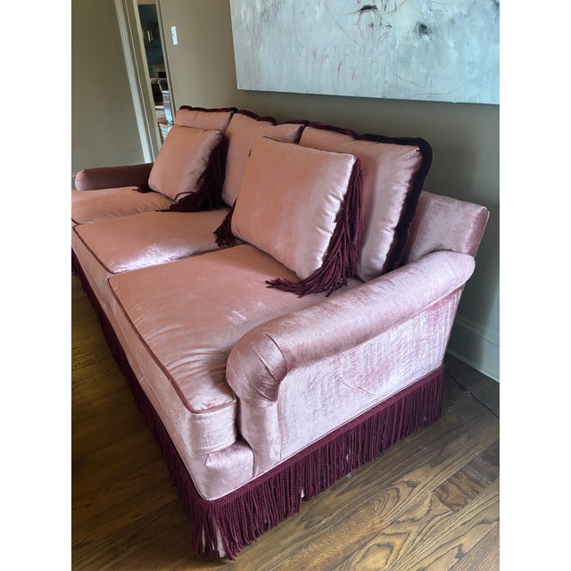 Hollywood Regency Dusty Rose Velvet Sofa With Samuel & Sons Burgundy Brush & Bullion Fringe Trim For Sale - Image 3 of 10