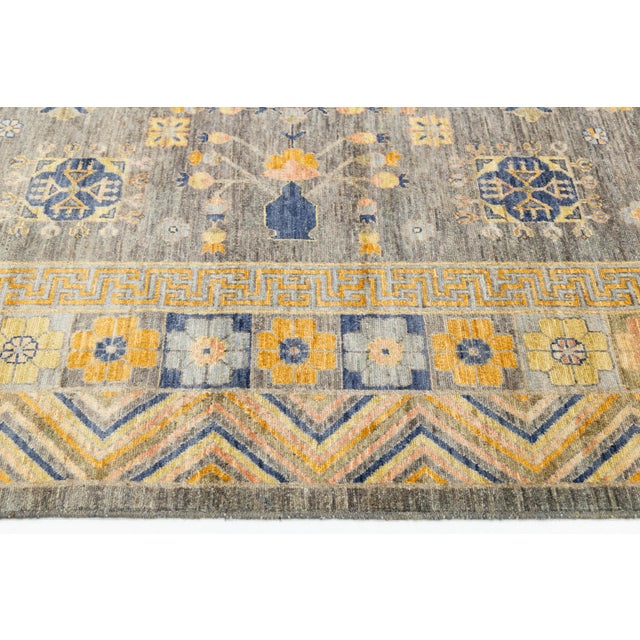 Textile Modern Khotan Style Handmade Wool Rug - Slate Grey & Ochre Geometric Design For Sale - Image 7 of 10