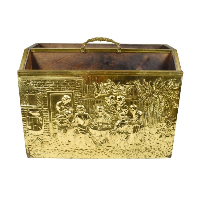 Beautiful embossed hammered brass over wooden base with 2 raised wood feet represents outdoor gathering party scene. It...