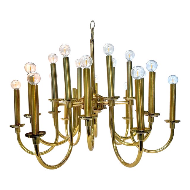 Vintage 18-Light Brass Chandelier in Style of Tommi Parzinger For Sale