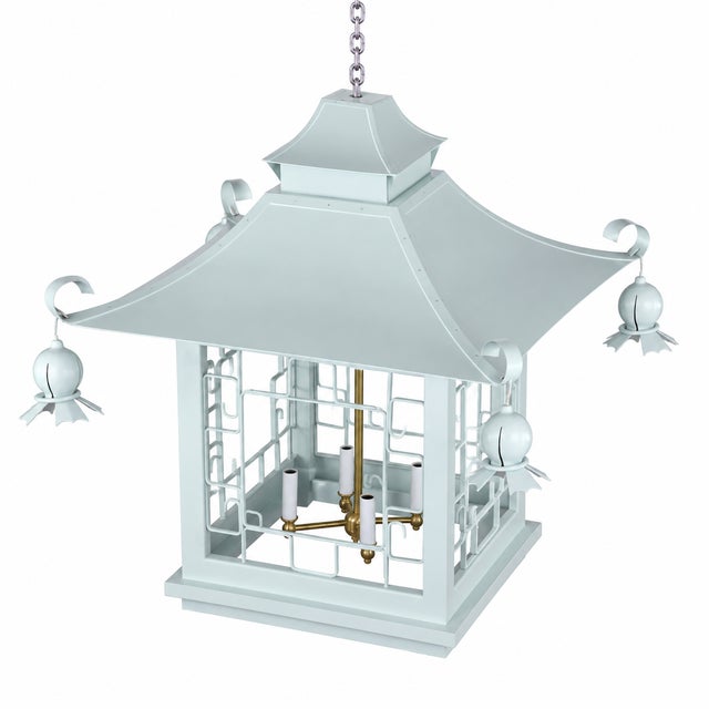 Vintage Chinoiserie Light Blue Iron Four-Lamp Pagoda Chandelier For Sale - Image 4 of 11