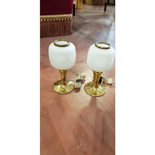 Italian table lamps , brass base lamp with opaline white glass and brass top ring