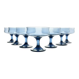 1980s Libbey “Connoisseur (Dusky Blue, Tulip)” Set of 7 Coupe Champagne Glasses For Sale
