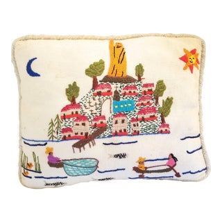 Vintage Pillow With Latin Embroidery Depicting a Village For Sale