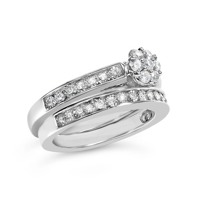 Contemporary Sterling Silver 1/2 Cttw Diamond Cluster Flower Bridal Set - Size 7 For Sale - Image 3 of 6
