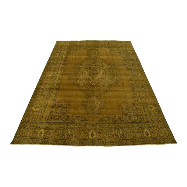 Tabriz Rug 9’9” X 11’11” Gold Wool Vintage Overdyed Hand-Knotted Carpet For Sale