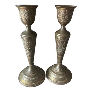 Pair of 1960s Brass Etched Candlesticks Moroccan-Style For Sale
