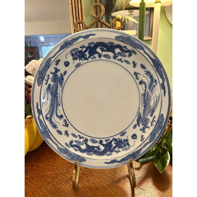 Chinoiserie Vintage Blue and White Dragon and Phoenix Chinoiserie 14.75” Charger on Stand For Sale - Image 3 of 12