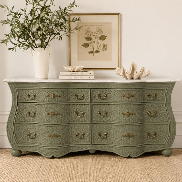 1970s Coastal Wicker Chest Credenza by Whitecraft for Woodard Serpentine With Travertine Top For Sale - Image 5 of 6