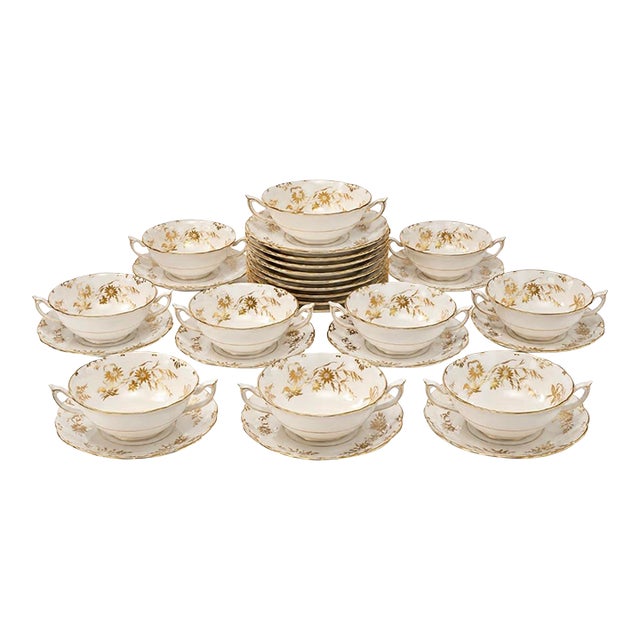 1960s Royal Crown Derby “Marquis” Pattern A1222 Bone China Cream Soup Bowls & Underplates, Set of 10 For Sale