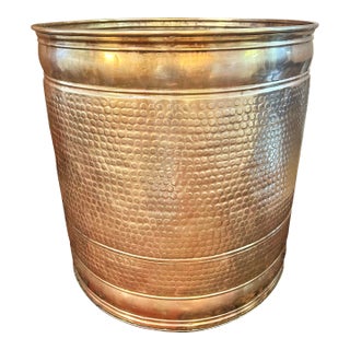 Mid 20th Century Extra Large Hammered Brass Planter or Fireplace Log Holder For Sale