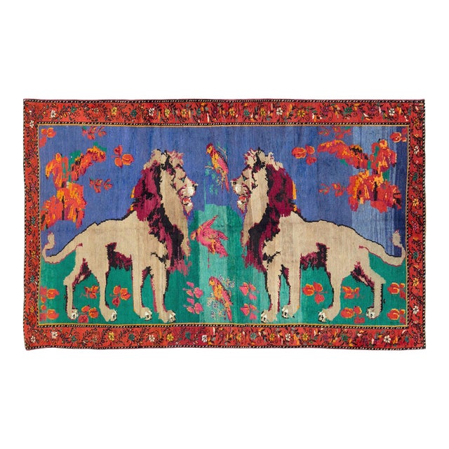 Galerie Shabab Collection Mid-20th Century Handmade Caucasian Karabagh Pictorial Lion Accent Rug For Sale