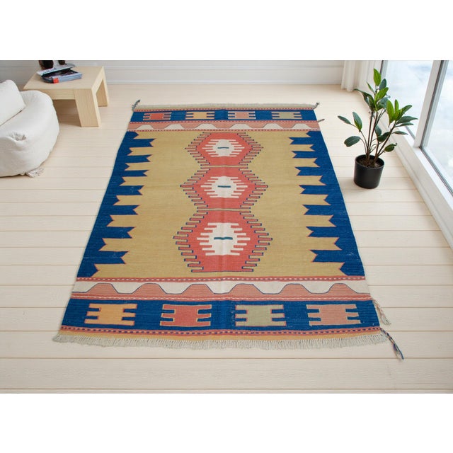 Farmhouse Turkish Rug Hand-Woven Oushak Kilim Rug Vintage but Unused Home Decor - 4'1" X 5'8" For Sale - Image 3 of 12