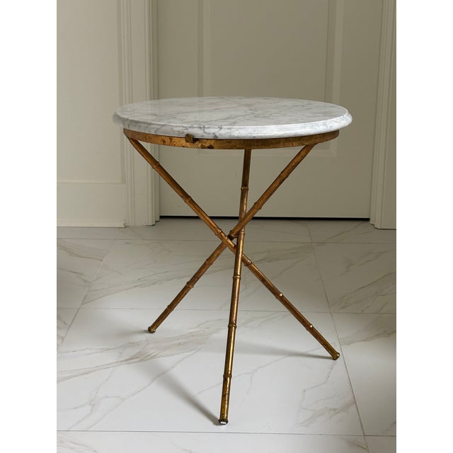 Vintage Gilt Faux Bamboo Tripod Base Gueridon Drinks Table / Side Table With Carrara Marble Top For Sale - Image 13 of 18