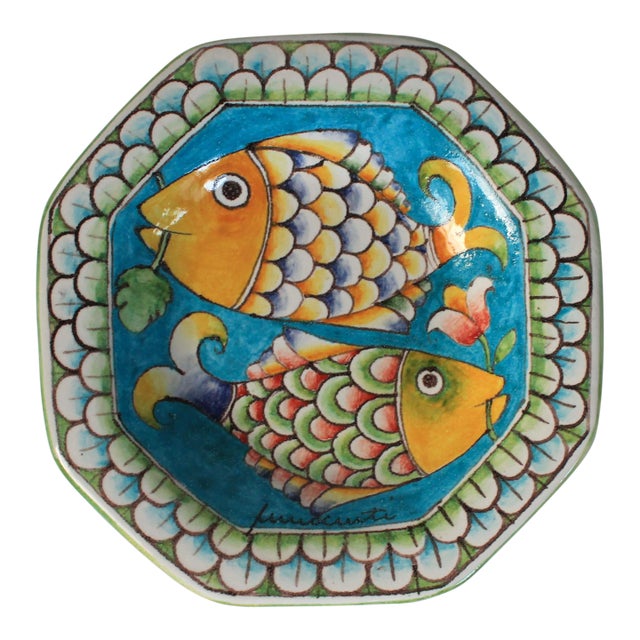 Vintage Hand-Painted/Glazed Majolica Fish Platter Wall Hanging For Sale