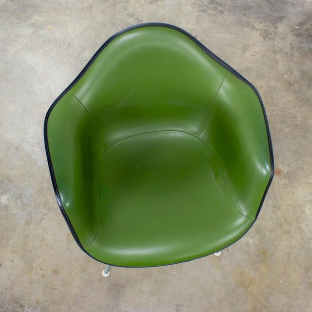 1971 MCM Eames Herman Miller Molded Fiberglass Shell Armchair Upholstered Green Naugahyde Galvanized H Base For Sale - Image 15 of 18