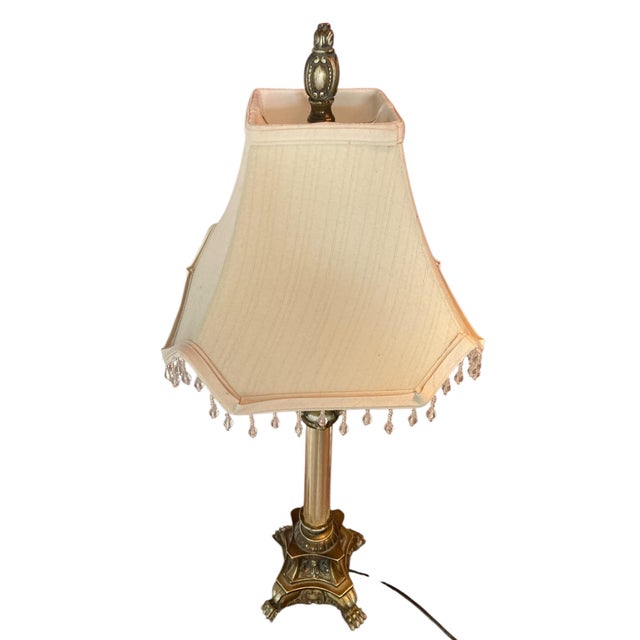 Regency Style Table Lamps with Neoclassical Bases, Paw Feet and Cream Fabric Shades with Beaded Fringe, 1980, Set of 2 For Sale - Image 6 of 10