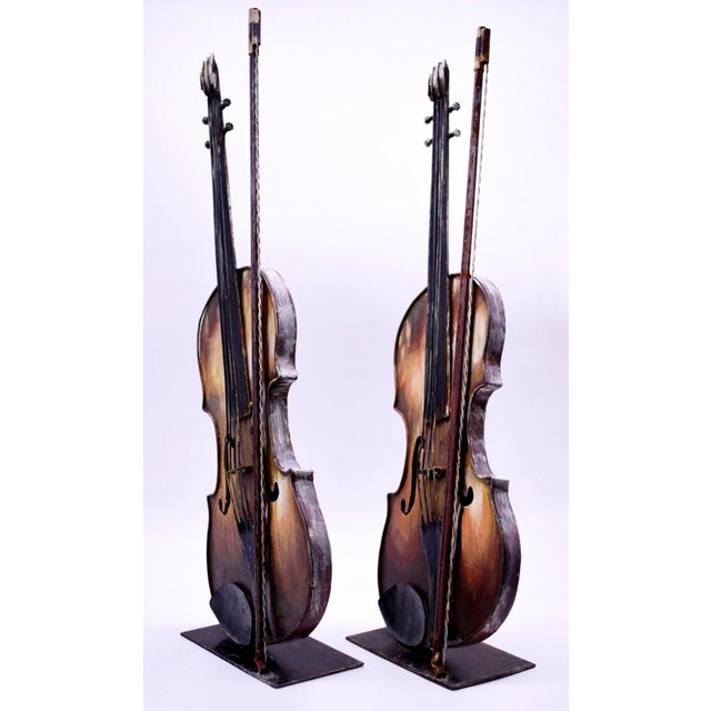 Brown Vintage Decorative Ornamental Metal Sculpture Violin With Bow - a Pair For Sale - Image 8 of 9