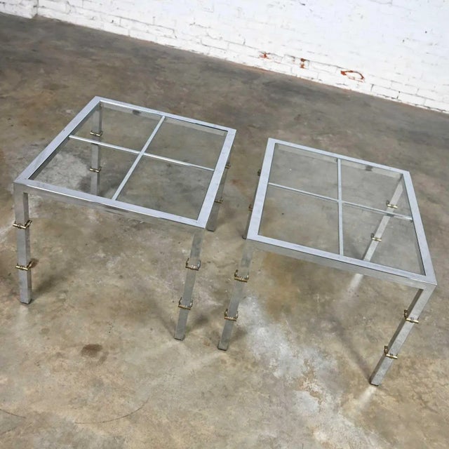 Hollywood Regency Hollywood Regency Chrome & Glass Square End Tables Brass Details a Pair Style of Maison Jansen For Sale - Image 3 of 16