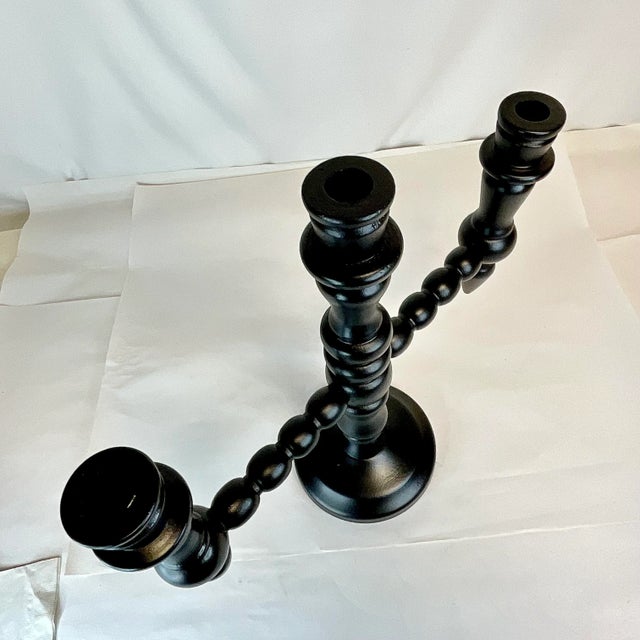 Cinco De Mayo - Vintage Boho Chic Mexican Ebonized Hand-Turned Wood 3-Arm Candelabra. For Sale - Image 9 of 9
