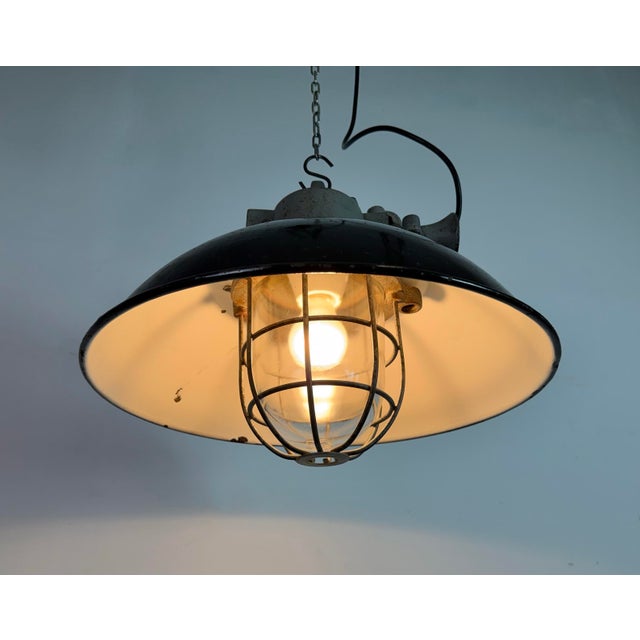 Industrial Black Enamel and Cast Iron Cage Pendant Light from Elektrosvit, 1960s For Sale - Image 15 of 18