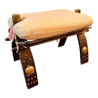 Reupholstered Leather Camel Saddle Ottoman For Sale