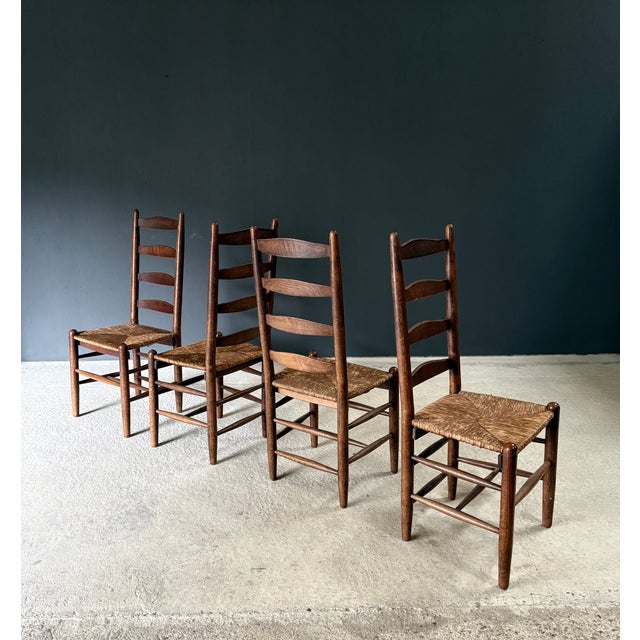 Rustic High Ladder Back Oak and Rush Dining Chairs, Belgium, 1950s, Set of 6 For Sale - Image 9 of 18