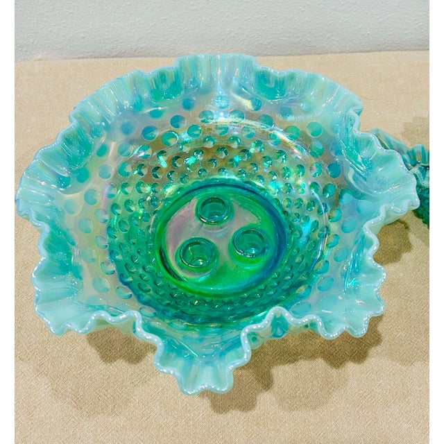 Glass Vintage Fenton Hobnail Opalescent Sea Green Turquoise 3 Horn Epergne For Sale - Image 7 of 10