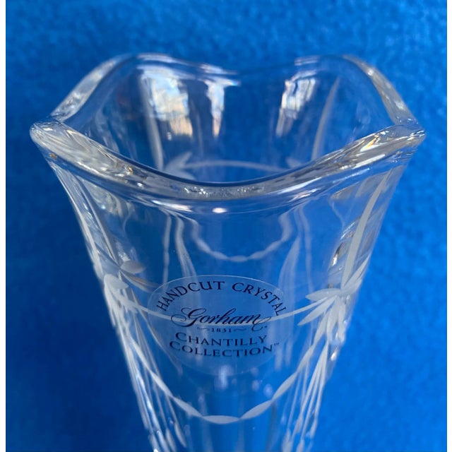Hand cut crystal bud vase with beautiful frosted etching. In the box for years. Chantilly by Gorham Crystal dates 2000 -...