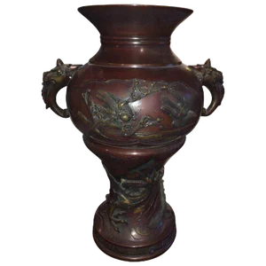Meiji Period Bronze Twin Handled Urn With Decoration