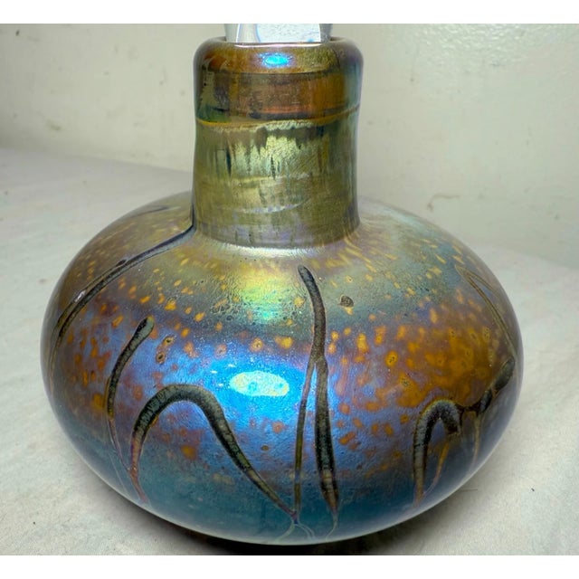 Blue Vintage Fellerman & Raabe Hand Blown Studio Art Glass Iridescent Perfume Bottle For Sale - Image 8 of 11