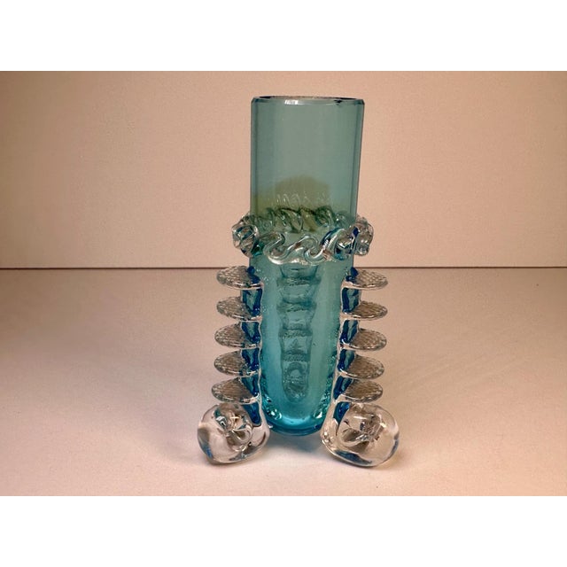 Antique Blue Crystal Bud Vase with Applied Rigaree for your consideration. The vase measures approx. 4 1/4 inches tall....