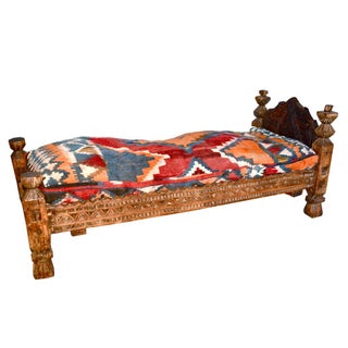 Moroccan Wooden Day Bed With Antique Kilim Pillow For Sale