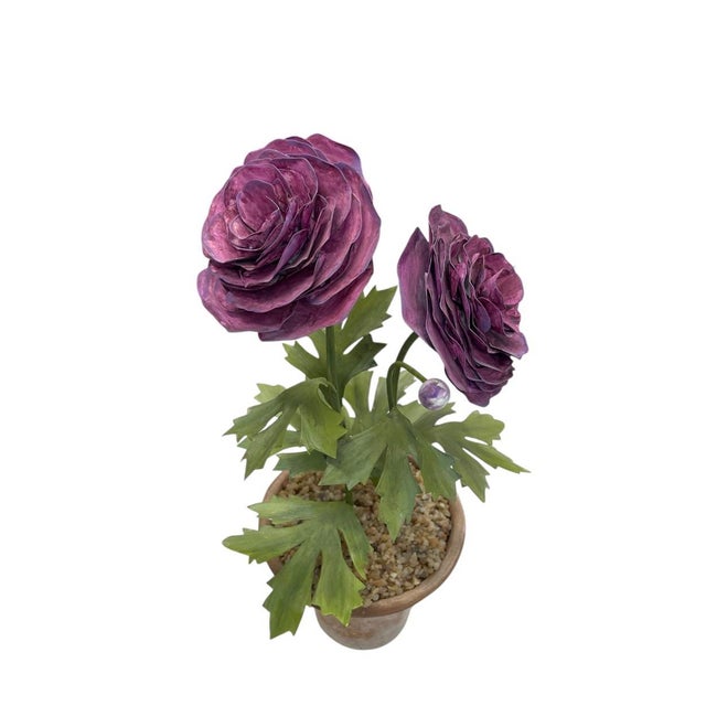 Vintage Toleware Purple Ranunculus Topiary Arrangement in Terracotta Pot For Sale - Image 4 of 12