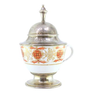 Porcelain Cup with Silver Knob Lid and Frieze For Sale