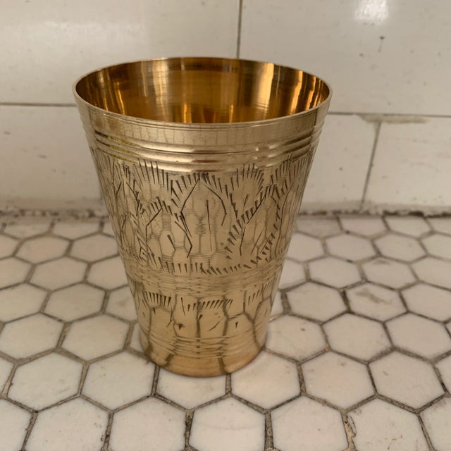 Metal Vintage Indian Etched Brass Metal Lassi Cup Vase For Sale - Image 7 of 7
