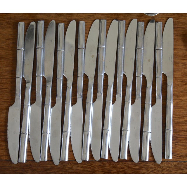 1980s Vintage 1980s Stanley Roberts "Tiburon" Faux Bamboo Stainless Steel Flatware Set – 60 Pieces | Hollywood Regency Chinoiserie For Sale - Image 5 of 14