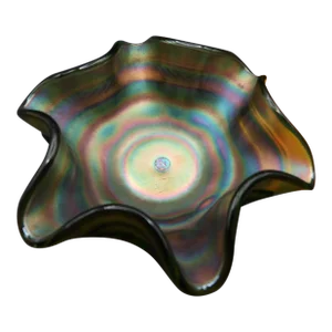 Vintage 1930s Northwood Carnival Glass Amethyst Green Iridescent Fluted Bowl