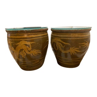 Chinese Ceramic Pots With Glass Tops - a Pair For Sale