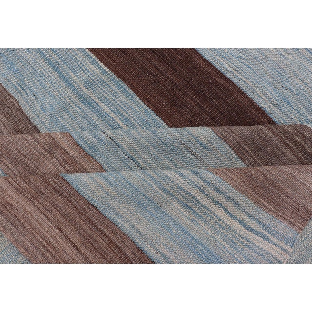 Modern Kilim Hand Woven Casual Rug With Stripes in Shades of Blue and Brown 8'6 X 12'6 For Sale - Image 12 of 13
